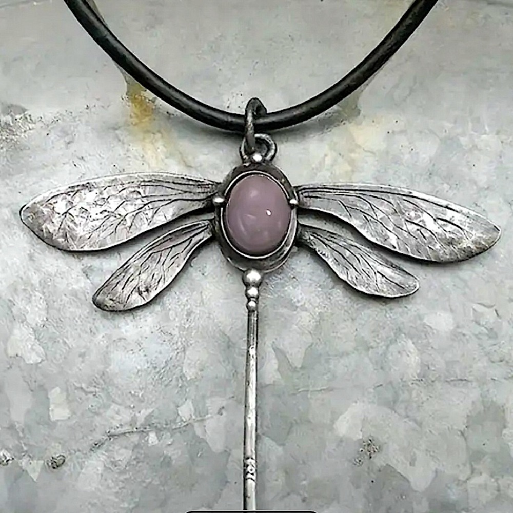 Stone Dragonfly Vintage Statement Pendant Necklace, Bohemian, Boho, Tribal - Picture 1 of 5